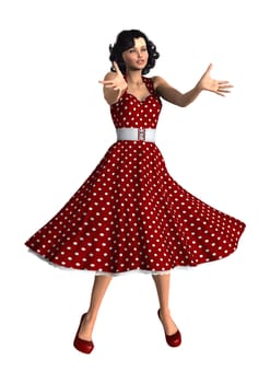 3D digital render of a beautiful vintage woman wearing a red polka dots dress isolated on white background