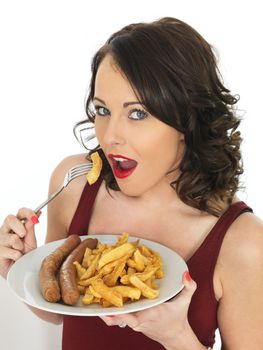 Young Attractive Woman Eating Jumbo Sausage and Chips