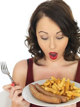 Young Attractive Woman Eating Jumbo Sausage and Chips