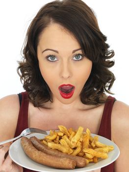 Young Attractive Woman Eating Jumbo Sausage and Chips