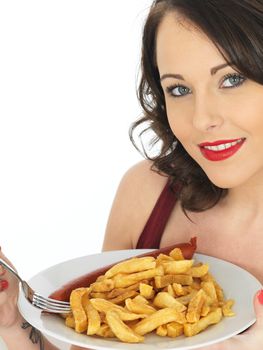 Young Attractive Woman Eating Saveloy Sausage with Chips