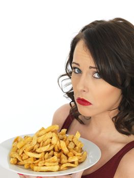 Young Attractive Woman Eating a Large Plate of Fried Chips