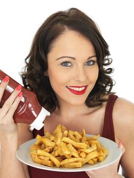 Young Attractive Woman Eating a Large Plate of Fried Chips