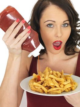 Young Attractive Woman Eating a Large Plate of Fried Chips