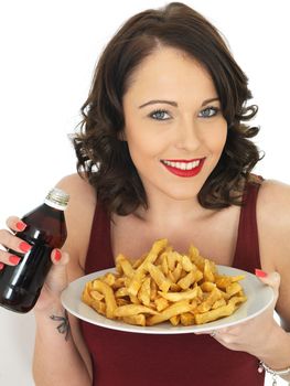 Young Attractive Woman Eating a Large Plate of Fried Chips