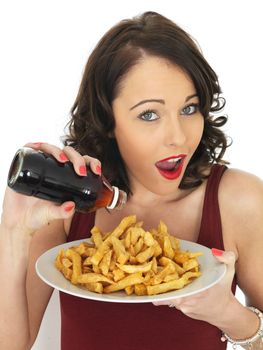 Young Attractive Woman Eating a Large Plate of Fried Chips