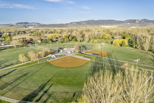 aerial view of a local public park with baseball fields in Fort Collins, Colorado, early spring