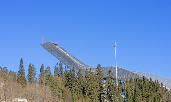 New Holmenkollen ski jump in Oslo Norway at sunny winter day