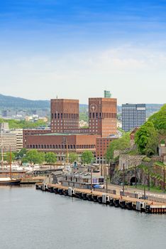 View of Oslo Radhuset (town hall) from the sea, Oslo, Norway