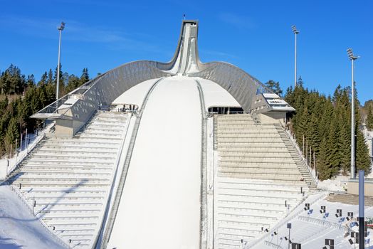 New Holmenkollen ski jump in Oslo Norway at sunny winter day