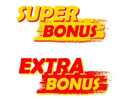 super and extra bonus banners - text in yellow and red drawn labels, business shopping concept