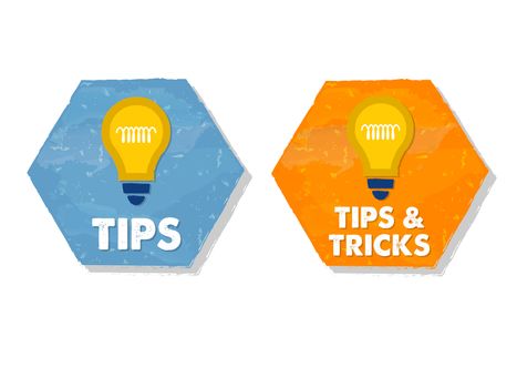 tips and tricks with bulb symbols - white text in colorful grunge flat design hexagons with icons, business support concept signs