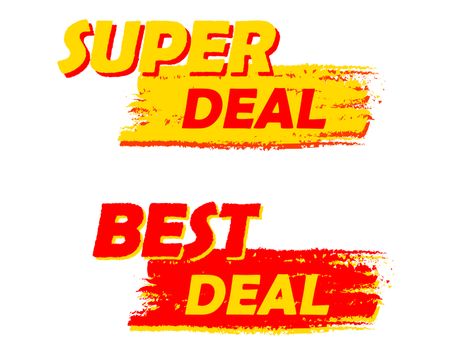 super and best deal banners - text in yellow and red drawn labels, business shopping concept