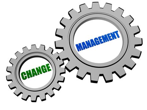 change management - text in 3d silver grey metal gear wheels, business organize adaptation concept words