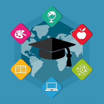 education signs with black graduate cap with tassel - white symbols in colorful flat design blocks over world map, internet learning concept icons