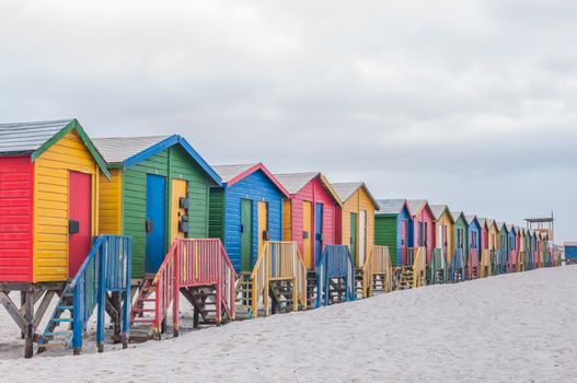 Multi-colored beach huts at Muizenberg in Cape Town, Western Cape Province of South Africa