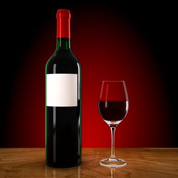 wine bottle and wineglass on a red background