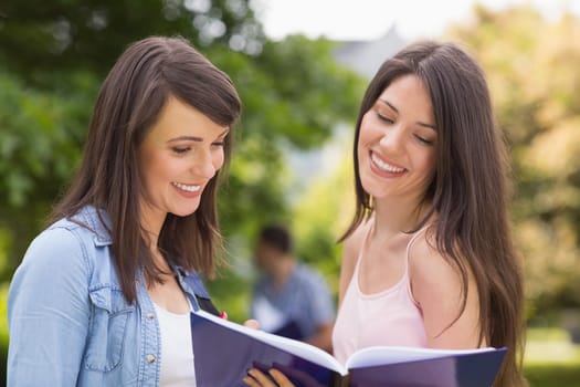 Pretty students reading from notepad at the university