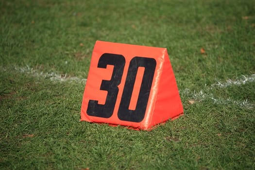 Thirty 30 yard line marker on grass playing football field.