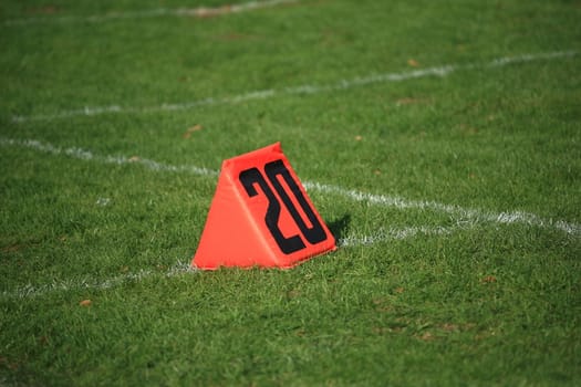 Twenty 20 yard line marker on grass playing football field.