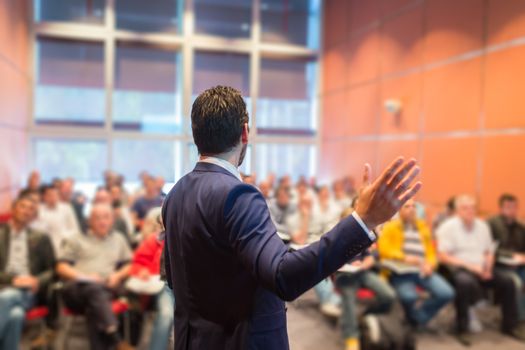 Speaker at Business Conference with Public Presentations. Audience at the conference hall. Entrepreneurship club. Rear view. Horisontal composition. Background blur.