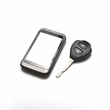 car key with smartphone isolated on white background