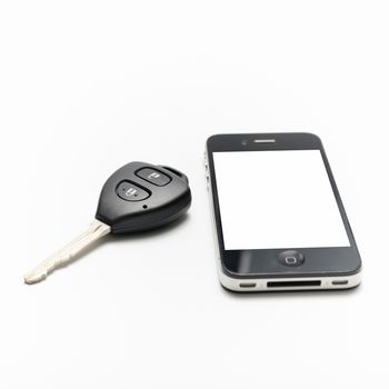 car key with smart phone isolated on white background