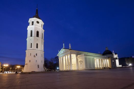 The Cathedral Square in central Vilnius during twilight time, Lithuania, Europe