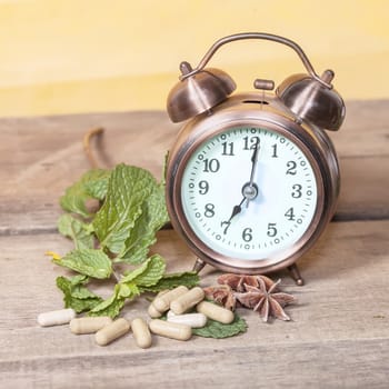 Time to eat Organic Herb capsule medicine with mint leaves