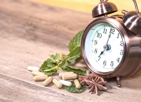 Time to eat Organic Herb capsule medicine with mint leaves