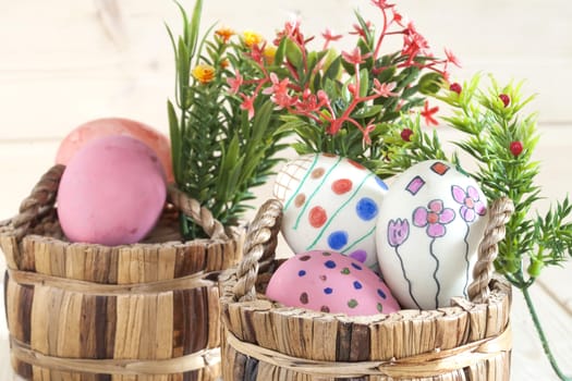 Easter eggs lying on wood 
background
