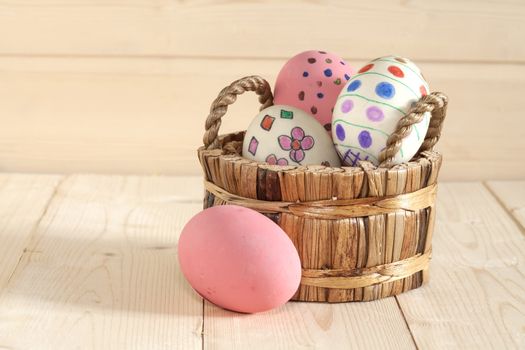 Easter eggs in the basket of wooden