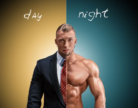 Attractive man in a business suit and without it on a yellow-blue background. concept of beauty and strength, and the contrast between day and night image of an angel and a devil