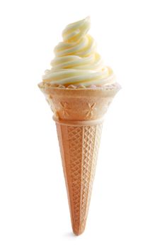 Vanilla ice cream cone over a white background