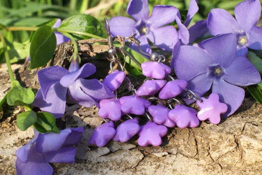 Handmade violet clay earrings with wood violet in spring on the nature background