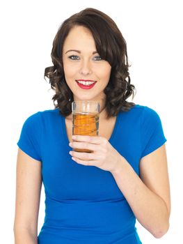 Happy Healthy Young Woman Drinking Apple Juice