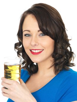 Happy Healthy Young Woman Drinking Apple Juice