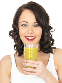 Happy Young woman Drinking Mango Juice