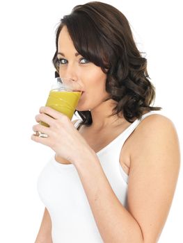 Happy Young woman Drinking Mango Juice