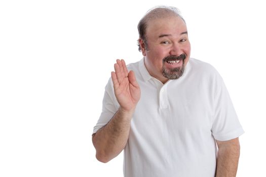 Hello there from a big guy concept with an overweight middle-aged balding man with a goatee beard leaning forwards with a cheerful smile waving his hand in greeting, isolated on white