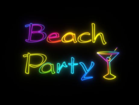 neon shining signboard with words beach party and cocktail with olive