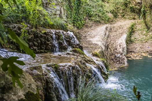 Lake and Waterfall in Mountain. Greece, Messinia 