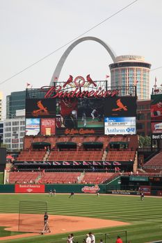 ST. LOUIS - SEPTEMBER 18: Scoreboard and local scenery at a baseball game at Busch Stadium, home of the Cardinals, on September 18, 2010 in St. Louis, MO. Opened in 2006, it seats 43,975 fans and cost $365 million.