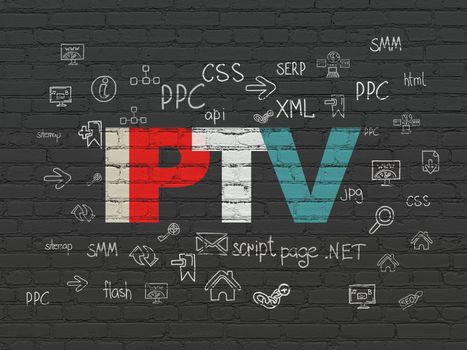 Web design concept: Painted multicolor text IPTV on Black Brick wall background with  Hand Drawn Site Development Icons, 3d render