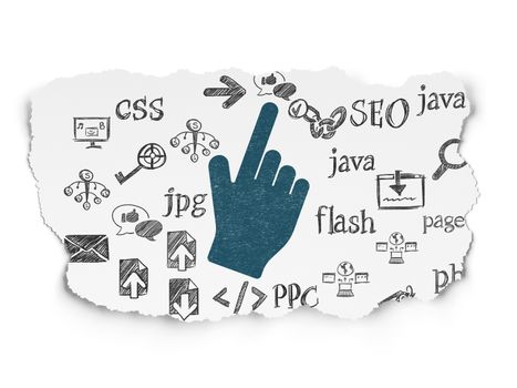 Web development concept: Painted blue Mouse Cursor icon on Torn Paper background with  Hand Drawn Site Development Icons, 3d render
