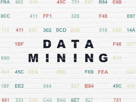 Information concept: Painted black text Data Mining on White Brick wall background with Hexadecimal Code, 3d render