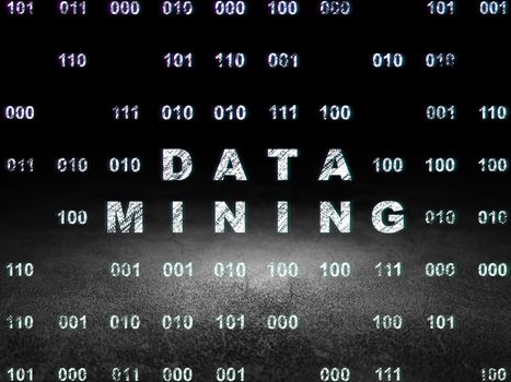 Data concept: Glowing text Data Mining in grunge dark room with Dirty Floor, black background with Binary Code, 3d render