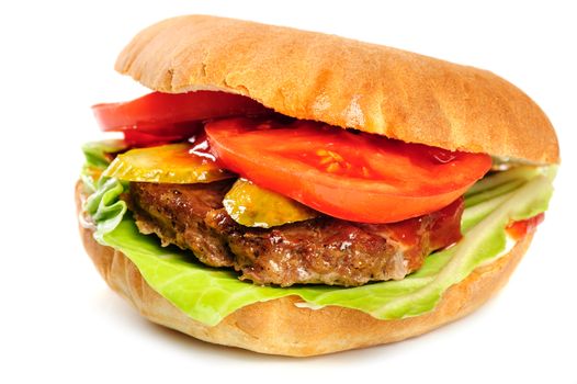 single fresh realistic looking hamburger isolated on white background