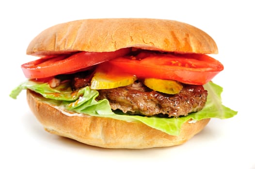 single fresh realistic looking hamburger isolated on white background