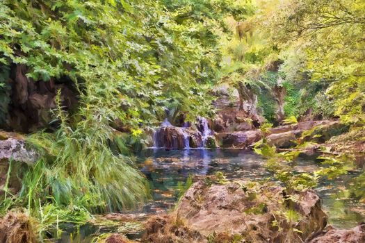 Mountain small lake and waterfall. Greece, Messinia - Painting effect